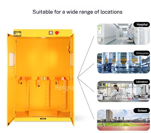 Ventilation ports and grounding fittings on industrial gas cylinder storage cabinet