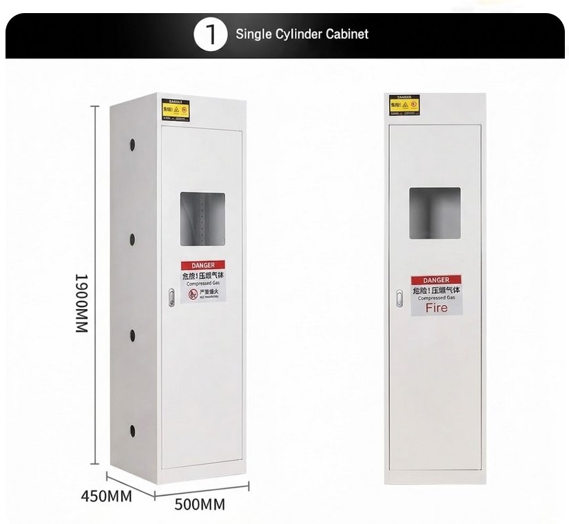 White laboratory gas cylinder safety cabinet with open door showing internal chain and base