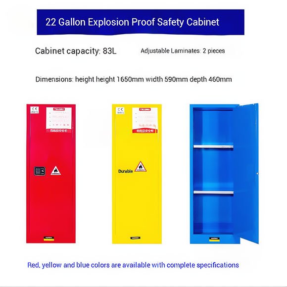 22 Gallon Flammable Safety Cabinet – Single Door, 2 Adjustable Shelves, Grounding Wire – Yellow/Blue/Red