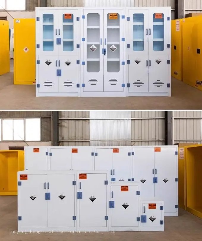90 gallon PP corrosive chemical storage cabinet in white with double doors, adjustable spill-containment shelves, dual ventilation ports, and 1650x1090x860mm dimensions