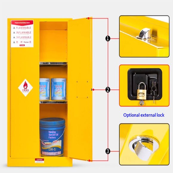 Three-point locking system on lab grade chemical safety cabinet, dual key for secure solvent storage