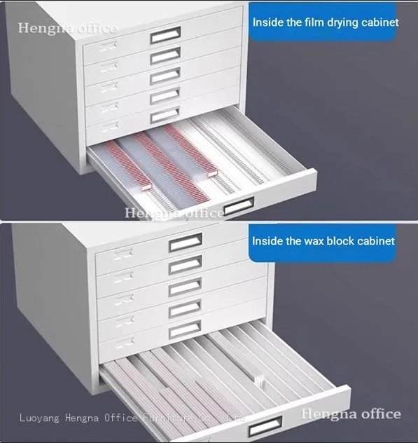 Cold rolled steel slide cabinet interior showing grooved tracks and full-extension drawer pulled out