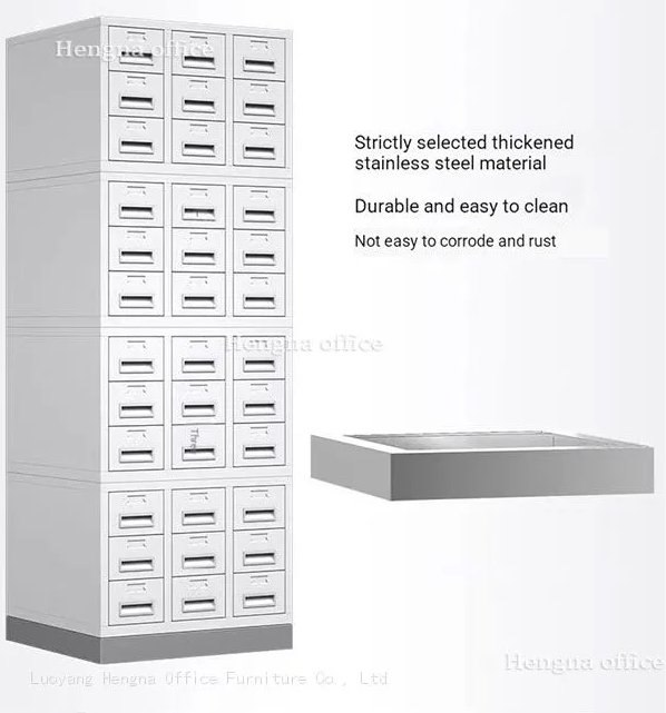 Modular pathology slide and wax block storage cabinet with 4 stackable sections, stainless steel base