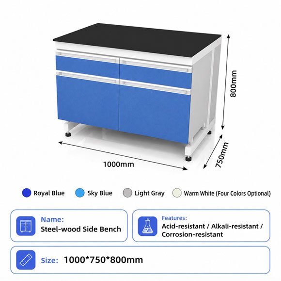 Steel wood lab bench with black phenolic resin worktop and royal blue cabinet — 2000mm width, double-drawer and double-door layout