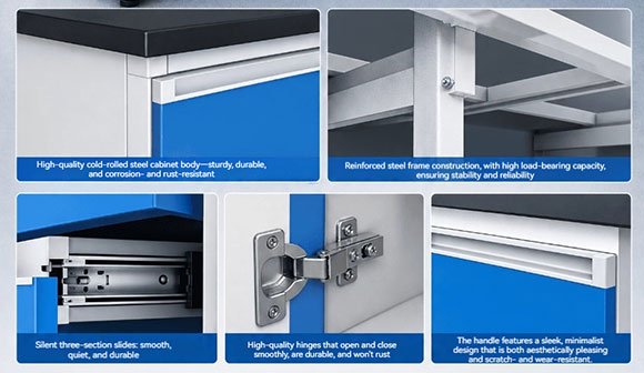 GMP lab bench construction details — cold-rolled steel cabinet body, reinforced frame, silent three-section drawer slides, and corrosion-resistant hinges