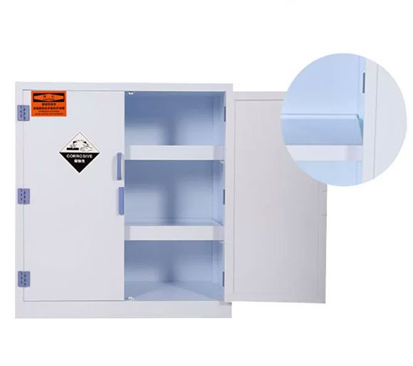 90-gallon double-door PP acid cabinet with blue polypropylene hinges and CORROSIVE warning label, adjustable shelves visible inside