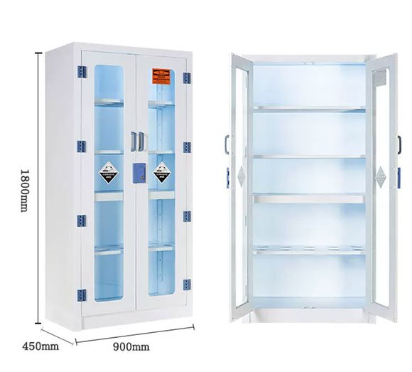 PP acid cabinet product showcase with glass door section, anticorrosion and leak-proof design, suitable for laboratory chemical storage