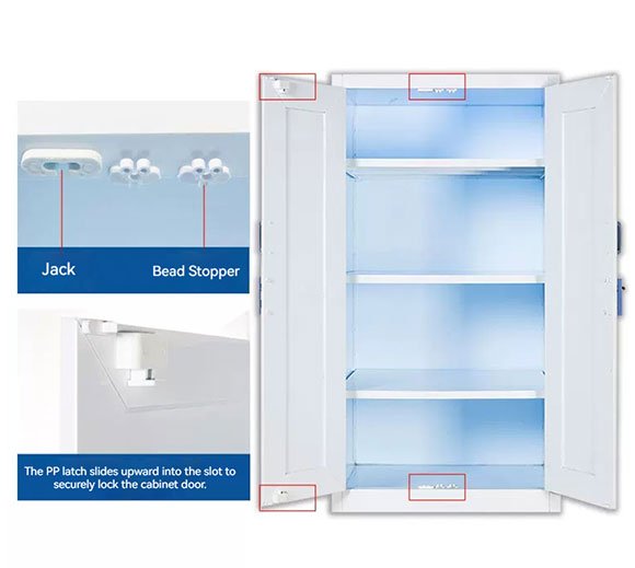 Interior view of PP acid cabinet showing adjustable spill-containment shelves with raised tray edges for laboratory chemical storage