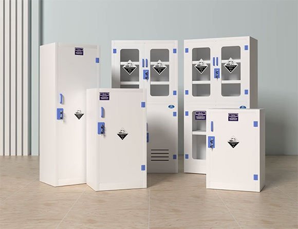 PP acid cabinet product lineup showing five models with glass door and solid door options in white finish