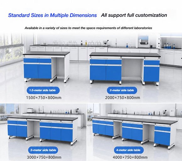 Steel-wood lab benches in multiple dimensions from 1.5m to 4m — modular design with blue cabinets and phenolic resin tops