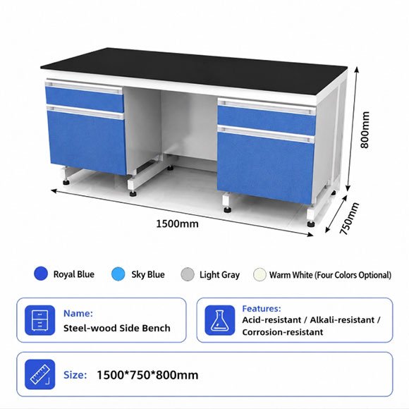 Steel-wood side bench 1500×750×800mm with acid-resistant phenolic resin top and blue cabinet drawers